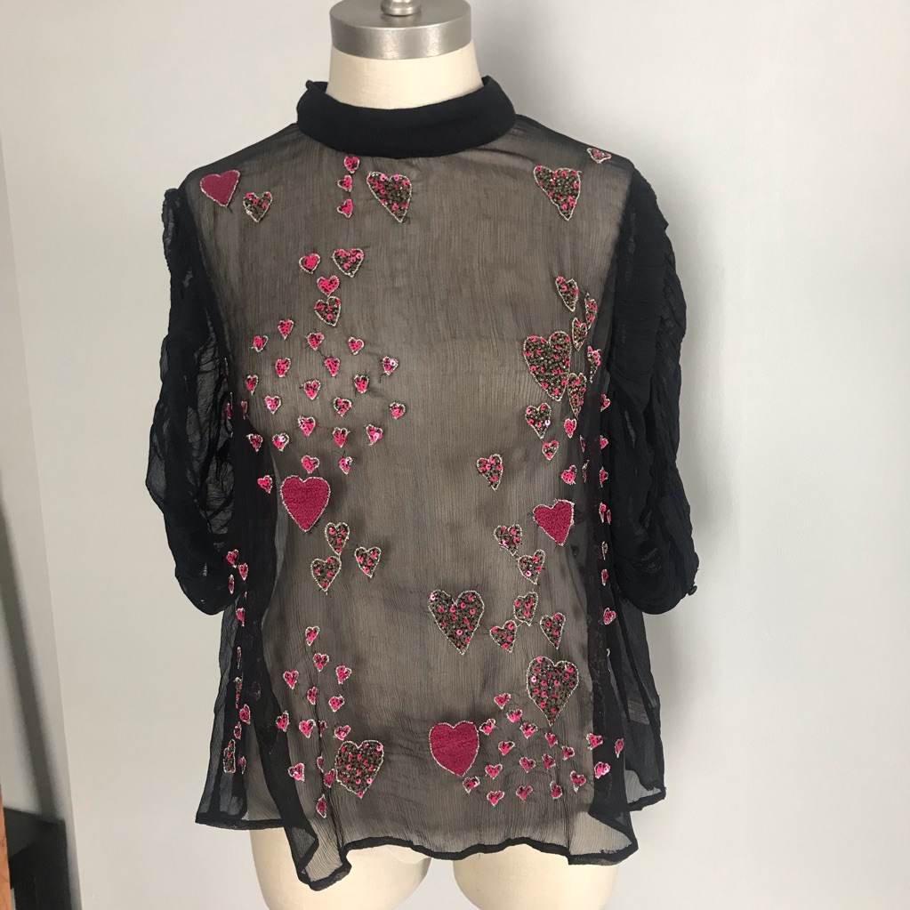 Free People Sheer Black With Hearts Blouse Size M.